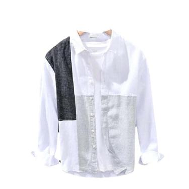Imagem de Camisa masculina de linho de verão - manga comprida, lapela fina, patchwork chique, blusa xadrez casual respirável, Branco 2085, P