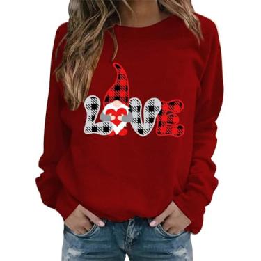 Imagem de Suéter feminino Love Heart Dia dos Namorados. Camiseta listrada de manga 3/4 solta para casais presente, Vinho, M
