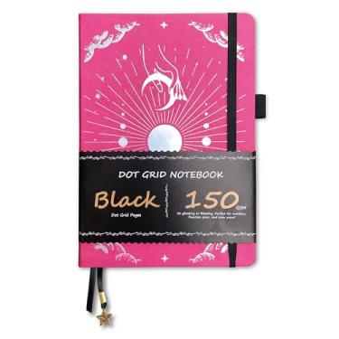 Imagem de BUKE Diário pontilhado - papel preto 150gsm - layout DOT GRID de 5 * 5 mm 160 páginas - Caderno de desenho de capa dura de couro PU tamanho A5 (rosa vermelha)