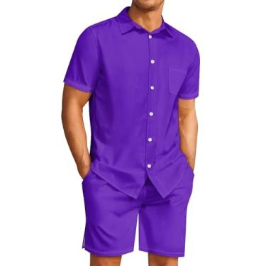 Imagem de Sipumia Conjunto masculino havaiano casual de botão, 2 peças, camisa de praia de verão lisa e shorts para férias, Uva, P