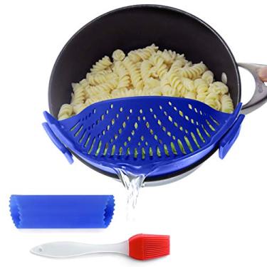 Imagem de Coador de alimentos de cozinha com clipe para espaguete, massa, graxa bovina moída, coador e peneira em tigelas, potes e panelas, o conjunto inclui coador de silicone, escova e descascador de alho da Salbree (azul escuro)