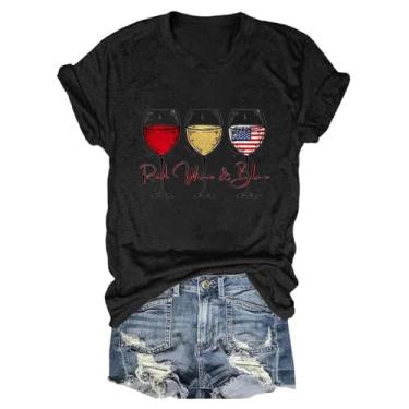 Imagem de Camiseta feminina Independence Day de manga curta com bandeira americana, taça de vinho, vermelha, branca, azul, gola redonda, Preto, P
