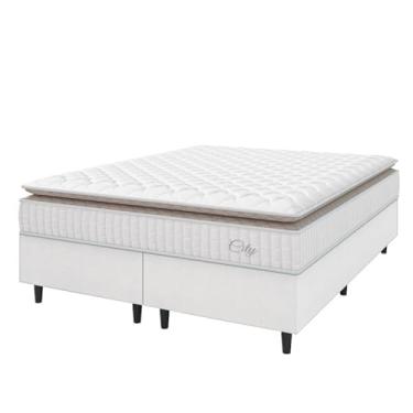Imagem de Cama Box Colchão Casal Queen Molas Ensacadas City Pillow Top 158x198x61cm Linho Branco/Bege Hellen - Suporta até 110kg por Pessoa