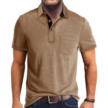 Imagem de Camisetas polo masculinas de manga curta casuais de golfe clássicas de verão básicas de 3 botões camisetas modernas com bolso, Caqui, M
