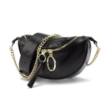 Imagem de Bolsa Feminina Pochete Transversal, Couro PU Preto, Acabamento Ferragens Dourado