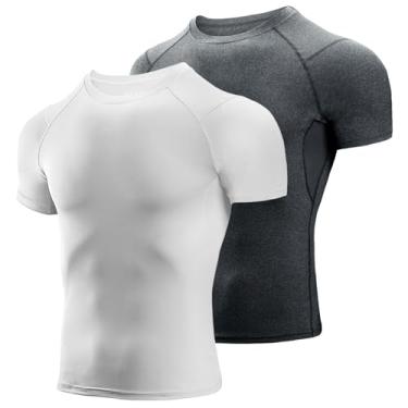 Imagem de Niksa Camisetas masculinas de compressão, pacote com 2, camisetas de compressão atlética de manga curta e secagem fresca, Branco, cinza manchado, P