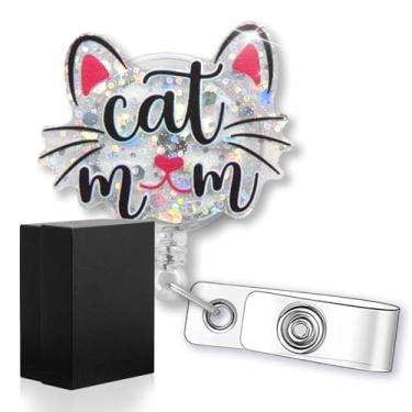 Imagem de rofiowa Carretel de crachá com glitter engraçado Cat Mom, porta-crachá retrátil para enfermeiras RN LPN CNA, médico veterinário, assistente social, trabalhador, presente para amantes de gatos,