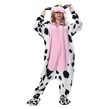 Imagem de NEWCOSPLAY Pijama unissex adulto macacão animal peça única fantasia cosplay roupa de dormir, Vaca rosa, XXG