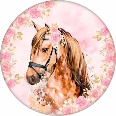 Imagem de Painel Cavalo Aquarela Rosa Floral Tecido Premium Redondo Sublimado An