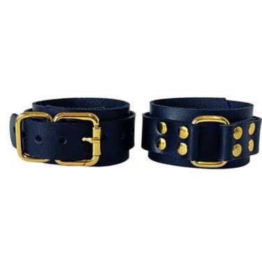 Imagem de Pulseira Couro Legítimo Grosso Algemas Ajustável Fantasia Estilo Dark 