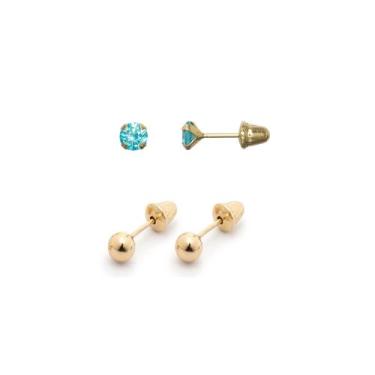 Imagem de Kit 2 pares Brincos de Ouro 18K Bolinha e Pedra de 3mm - Meu Primeiro 