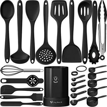 Imagem de Conjunto de utensílios de cozinha de silicone, 25 peças de utensílios de cozinha Fungun com espátula, colher, pegador, conjunto de utensílios de cozinha resistente ao calor para panelas antiaderentes preto (lava-louças, livre de BPA)