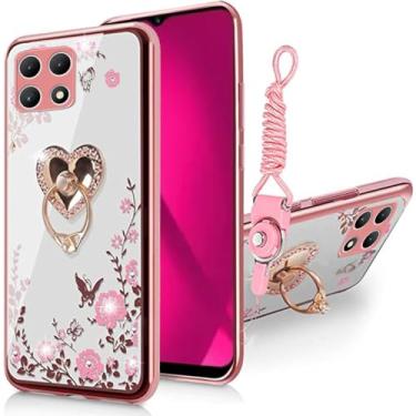 Imagem de B-wishy T-MOBILE Revvl 7 5G Capa para mulheres, Glitter Crystal Butterfly Heart Floral Slim TPU Capa protetora fofa com suporte + alça para Revvl 7 5G (ouro rosa)