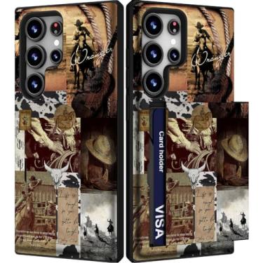 Imagem de IWONE Capa fofa com porta-cartões para S24 Ultra/Slim Slot Wallet Phone Case para mulheres compatível com Samsung Galaxy S24 Ultra/Cowboy Country Wrangler Colagem Vaca Western Cowgirl Cactus