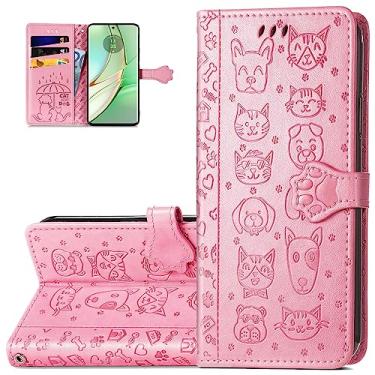 Imagem de Monwutong Capa carteira de celular para Motorola Edge 40, capa de couro PU com desenho fofo de gato e cachorro com fecho magnético e compartimentos para cartões de dinheiro para Moto Edge 40, CD rosa