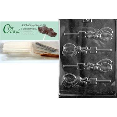 Imagem de Cybrtrayd Molde de chocolate esportivo para raquete de tênis, inclui 50 palitos de pirulito, 50 sacos de violoncelo, 25 laços dourados e 25 prateados