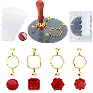 Imagem de Kit de lacre de cera de metal com 4 peças com formas de molde hexagonal quadrado de flor redonda para selo de cera, tapete de vedação de cera com 100 peças de pontos adesivos, molde de selo de cera para convites de casamento, envelopes, cartões, presentes, embrulhos de vinho