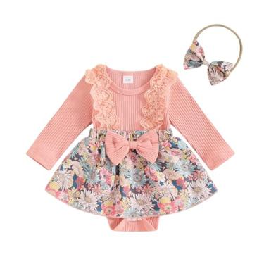 Imagem de MERSARIPHY Macaquinho de malha canelada com babados e faixa de cabeça para bebês recém-nascidos, roupas de inverno, Rosa - 1, 3-6 Meses