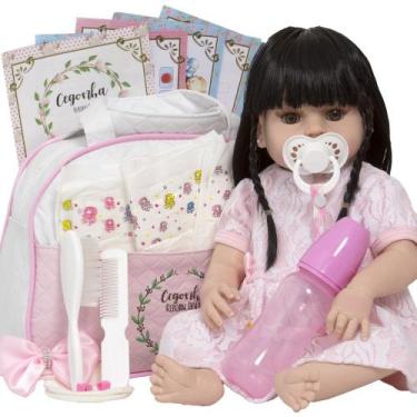 Imagem de Bebe Reborn Cabelo Longo Morena Vestido Rosa Lindos Itens - Cegonha Re