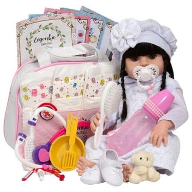 Imagem de Bebe Reborn Grande Menina Morena Vestido Branco Kit Luxo - Cegonha Reb