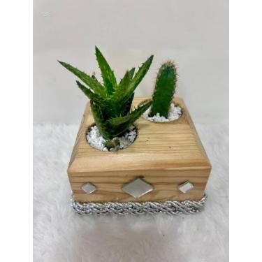 Imagem de Vaso rustico luxo Terrario duplo de madeira com espelho e  cactos natu
