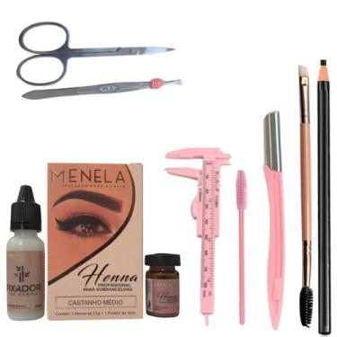 Imagem de Kit Design de Sobrancelha Menela Henna + Navalha +Pinca + Tesoura + La