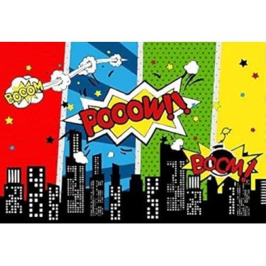 Imagem de Yeele 1,5 x 2,4 m Cartoon Comic City Super Hero Photography Backdrop Vinyl Humor Abstrato Super-herói Bebê Shower Photo Background for Girl Kid Birthday Party Photo Video Shoot Studio Prop Wallpaper