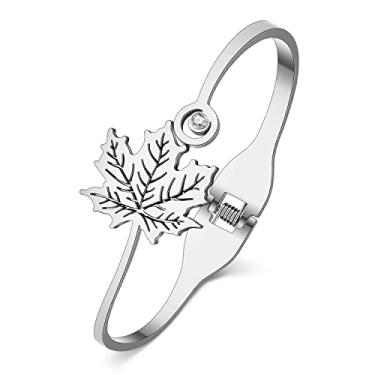 Imagem de BONSNY Bracelete de aço inoxidável banhado a ouro 18 quilates com folha de bordo leve para mulheres, amizade, dia de Ação de Graças, joias, presentes que não mancham, Medium, Aço inoxidável, Cristal