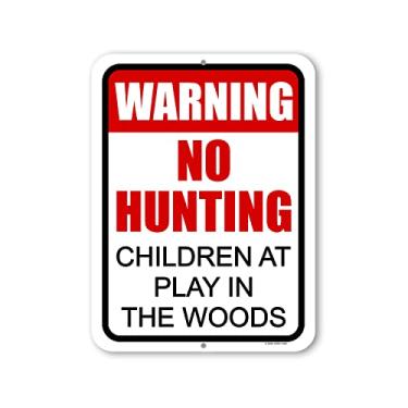 Imagem de Honey Dew Gifts, Warning No Hunting Children at Play in the Woods, 23 cm x 30 cm, Poste de placa de metal, placas de aviso de propriedade, placas de segurança para crianças, placas de não invasão,