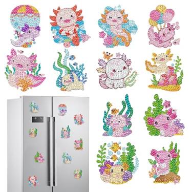 Imagem de Axolotl Pintura Diamante Ímãs Geladeira - 12 PCS DIY Salamandra Diamante Arte Ímã Kit Gem Art Rosa Conjunto de Adesivos de Geladeira para Adultos Iniciantes Casa Estética Bonito Decoração Animal
