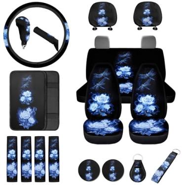 Imagem de WHOSGNIHT 18 peças de capa de assento automotivo rosa azul conjunto completo protetor de volante de carro floral + capa de apoio de braço + protetor de freio de mão + almofada de cinto de segurança +