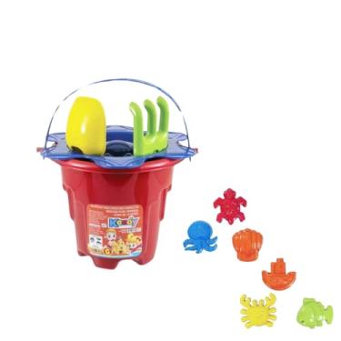 Imagem de Kit Baldinho Para Praia Infantil Tamanho Grande Com 10 Peças+ Pá + Forminhas + Rastelo + Balde