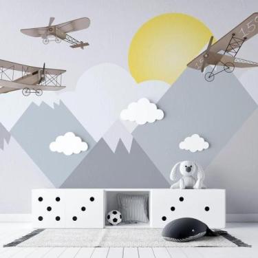 Imagem de Papel de Parede Infantil de Aviões nas Montanhas no Por do Sol - AloPa