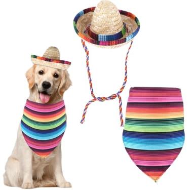 Imagem de Chapéu sombrero para cães, chapéus de sombrero para animais de estimação multicoloridos, cachecol triangular, babador, fantasia, chapéu de palha mexicano, boné sombrero mexicano, decorações de festa