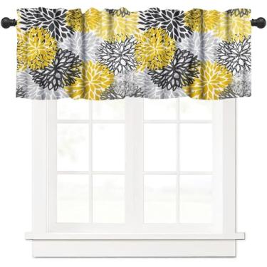 Imagem de Cortina floral cinza amarela para janela de cozinha, boho, dália, flores, haste, bolso, sanefa, tratamentos de janelas, cortinas curtas para casa de fazenda, 137 x 45 cm, 1 painel