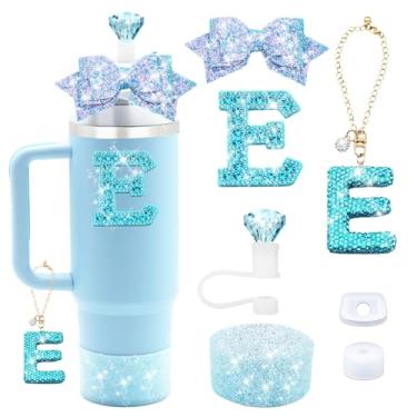 Imagem de Liangang Conjunto de acessórios de copo Stanley azul de 7 peças para copo Stanley 850 g 1,134 g, incluindo pingente de letra, tampa à prova de derramamento, canudo de diamante, canudo de laço, bota de