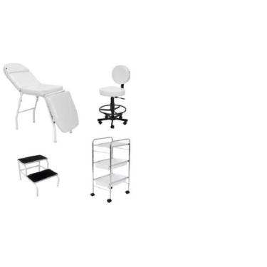 Imagem de Kit Estética Branco Maca 3 posições, Mocho, Escada e Carrinho - Metall