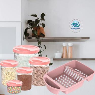 Imagem de Kit Potes Mantimentos e Escorredor de Pratos Rosa Pink - Sem Marca