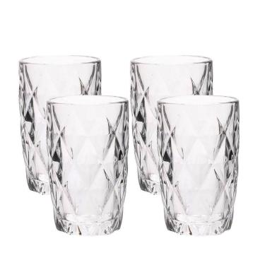 Imagem de Jogo 4 Copos De Vidro Diamond Diamante Transparente Resistente 400ml Em Casa Tem