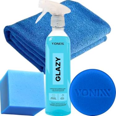 Imagem de Glazy 500ml Vonixx Limpador Restaurador Vidros 4 Em 1 Redutor Atrito Pano 40x40 Js Aplicador de Espuma Vonixx