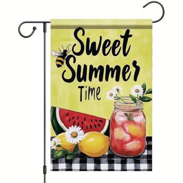 Imagem de Starlit Patio Sweet Summer Time Bandeira de jardim 30,5 x 45,7 cm dupla face melancia decorativa jardim bandeira sol vermelho verde fruta quintal exterior decoração de casa sazonal exterior pequena
