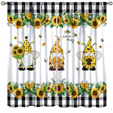 Imagem de Cortinas blecaute gnomo, abelha de fazenda, girassol, preto e branco, buffalo, xadrez, com bolso para varão, sala de estar, quarto de crianças, meninos, meninas, conjunto de 2 painéis, 106 x 137 cm
