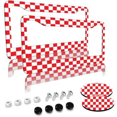 Imagem de Molduras de placa de licença xadrez vermelha, pacote com 2 furos, capa de placa de licença de alumínio com 2 peças de porta-copos de carro e parafusos e tampas de parafuso pretas para presentes de