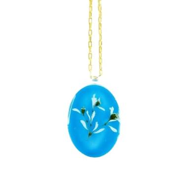 Imagem de Colar Oval com Folha Natural e Mini Folhagem – Pingente Azul em Resina Cristalina com Corrente Folheada a Ouro 45cm – Entre Céu e Orvalho.