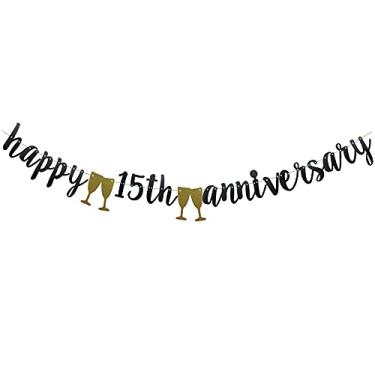 Imagem de Banner de feliz aniversário de 15 anos, pré-amarrado, decorações de festa de glitter de papel preto para 15º aniversário de casamento suprimentos letras pretas ZHAOFEIHN