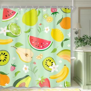Imagem de Ufeela Cortina de chuveiro de frutas de verão 152 cm L x 182 cm C crianças linda fruta tropical desenho verde limão melancia morango adorável conjunto de banheiro retrô flor menino menina acessórios