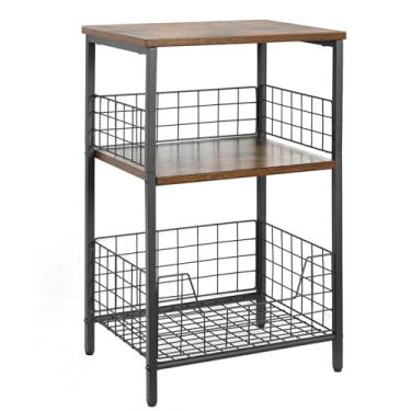 Imagem de Mesa lateral, prateleira de armazenamento de mesa de extremidade retrô industrial para sala de estar, quarto, cozinha, família e escritório, mesa pequena para espaços pequenos (marrom rústico e preto)