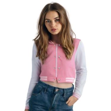 Imagem de Jaqueta Cropped Colegial Moletom Feminina Sem Bolso - Calttony, Rosa, 
