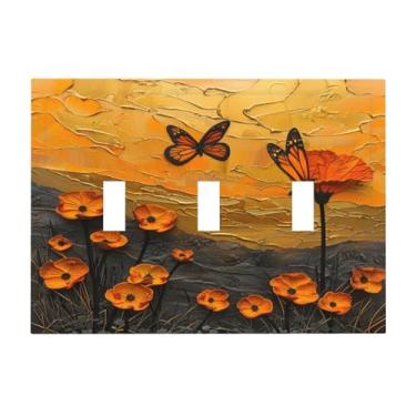 Imagem de Xuejiaku Placa de cobertura para interruptor de luz, pintura a óleo, flor de borboleta laranja, abstrata, placa de parede de 3 grupos, placa de interruptor de luz tripla, capas de tomada decorativas