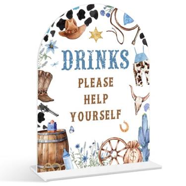 Imagem de Drinks Please Help Yourself Sign - Sinal de chá de bebê caubói, 1 pacote de placa de acrílico com suporte, decoração de mesa de festa revelação de gênero, suprimentos de chá de bebê de rodeio do oeste
